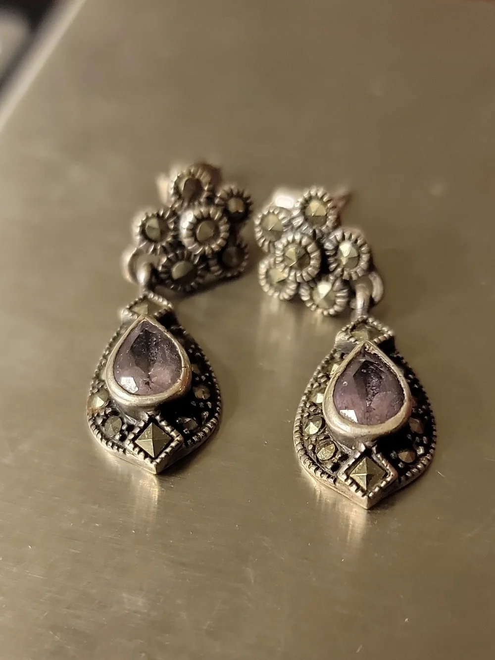 925 Sterling Silver Purple Amethyst Teardrop Dangle/Drop Earrings Bezel Signed